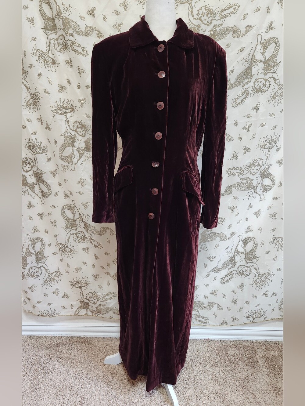Vintage Gothic Burgundy Velvet Long Trench Coat With Shoulder Pads M